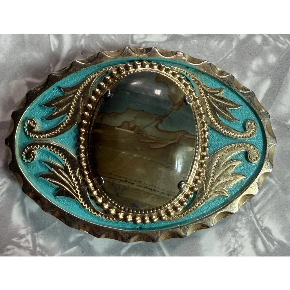 Vintage Brass Stone Teal Enamel Oval Belt Buckle Western Bolo Cowboy